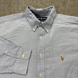 Ralph Lauren Oxford Shirt Men 17 36 Blue Solid Yarmouth OCBD Relaxed 56"